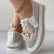 Women's Slip-Ons Loafers Bling Bling Shoes Plus Size Fantasy Shoes Daily Solid Color Summer Rhinestone Imitation Pearl Flat Heel Round Toe Fashion Casual Mesh Loafer White Pink