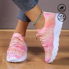 Women's Pink Gradient Graphic Print Sparkling Rhinestones Soft and Highly Elastic Lace-up Fly Knit Sneakers