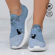 Women's Sneakers Slip-Ons Print Shoes Animal Print Plus Size Outdoor Daily Cat Letter Slogan Summer Winter Flat Heel Round Toe Closed Toe Fashion Casual Running Walking Tissage Volant Loafer Blue