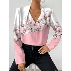 Women's Shirt Blouse Floral Pink Blue Purple Print Button Long Sleeve Casual Holiday Fashion V Neck Regular Fit Spring &Fall