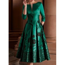 Women‘s Emerald Green Party Christmas Dress Midi Dress Green 3/4 Length Sleeve Floral Print Summer Spring Fall Winter V Neck Dress