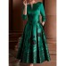 Women‘s Emerald Green Party Christmas Dress Midi Dress Green 3/4 Length Sleeve Floral Print Summer Spring Fall Winter V Neck Dress