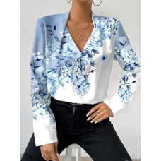 Women's Shirt Blouse Floral Pink Blue Purple Print Button Long Sleeve Casual Holiday Fashion V Neck Regular Fit Spring &Fall