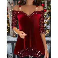 Women's T shirt Tee Velvet Sparkly Black Red Blue Sequins Long Sleeve Party Weekend Festival / Holiday V Neck Regular Fit Spring &Fall