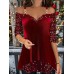 Women's T shirt Tee Velvet Sparkly Black Red Blue Sequins Long Sleeve Party Weekend Festival / Holiday V Neck Regular Fit Spring &Fall