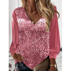 Women's Shirt Blouse Plain Sparkly Silvery Pink Royal Blue Sequins Long Sleeve Casual Basic V Neck Regular Fit Spring Fall