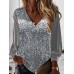 Women's Shirt Blouse Plain Sparkly Silvery Pink Royal Blue Sequins Long Sleeve Casual Basic V Neck Regular Fit Spring Fall