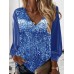 Women's Shirt Blouse Plain Sparkly Silvery Pink Royal Blue Sequins Long Sleeve Casual Basic V Neck Regular Fit Spring Fall