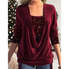 Blouse Women's Wine Red Dark Green Purple Solid / Plain Color Patchwork Sequin Daily Indoor Outdoor Classic U Neck Regular Fit S