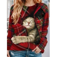 Women's Pullover Christmas Sweatshirt Plaid Cat Sportswear Festival Yellow Pink Wine Casual Round Neck Long Sleeve Top Micro-elastic Fall & Winter