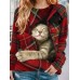 Women's Pullover Christmas Sweatshirt Plaid Cat Sportswear Festival Yellow Pink Wine Casual Round Neck Long Sleeve Top Micro-elastic Fall & Winter