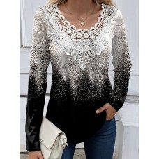 Women's Shirt Blouse Graphic Black White Pink Print Lace Patchwork Long Sleeve Casual Fashion Round Neck Regular Fit Spring &Fall