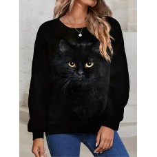 Women's Plus Size Sweatshirt Pullover Cat Basic Black Street Casual Round Neck Long Sleeve Top Micro-elastic Fall & Winter