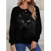 Women's Plus Size Sweatshirt Pullover Cat Basic Black Street Casual Round Neck Long Sleeve Top Micro-elastic Fall & Winter