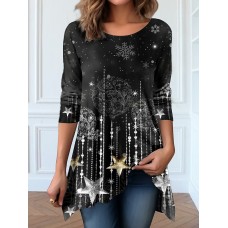 Women's Designer Shirt T shirt Tee Snowflake Black Red Blue Print Flowing tunic Long Sleeve Weekend Festival / Holiday Round Neck Regular Fit Spring &Fall