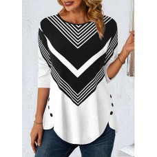 Women's T shirt Tee Striped Black Red Blue Print Button Long Sleeve Daily Weekend Fashion Round Neck Regular Fit Spring &Fall