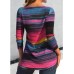 Women's T shirt Tee Striped Black Red Blue Print Button Long Sleeve Daily Weekend Fashion Round Neck Regular Fit Spring &Fall