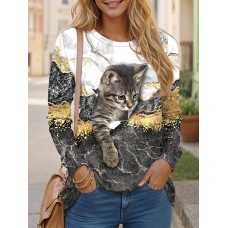 Women's T shirt Tee Cat 3D Yellow Pink Blue Print Long Sleeve Daily Weekend Fashion Funny Round Neck Regular Fit Spring &Fall