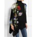 Women's T shirt Tee Floral Black Yellow Red Print Asymmetrical Long Sleeve Holiday Weekend Fashion High Neck Regular Fit Spring &Fall