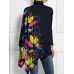 Women's T shirt Tee Floral Black Yellow Red Print Asymmetrical Long Sleeve Holiday Weekend Fashion High Neck Regular Fit Spring &Fall