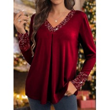 Women's Blouse Velvet Sparkly Red Sequins Long Sleeve Party Casual Festival / Holiday V Neck Regular Fit Fall & Winter