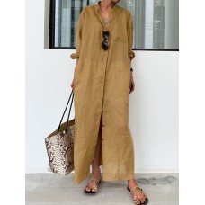 Women's Shirt Dress Casual Dress Cotton Linen Dress Maxi long Dress Linen Cotton Blend Basic Classic Outdoor Daily Vacation Shirt Collar Button Long Sleeve Summer Spring 2023 Loose Fit khaki Plain S