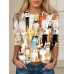 Women's T shirt Tee Cat Black White Yellow Print Long Sleeve Daily Weekend Fashion Round Neck Regular Fit Spring &Fall