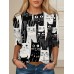 Women's T shirt Tee Cat Black White Yellow Print Long Sleeve Daily Weekend Fashion Round Neck Regular Fit Spring &Fall