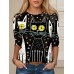 Women's T shirt Tee Cat Black White Yellow Print Long Sleeve Daily Weekend Fashion Round Neck Regular Fit Spring &Fall