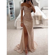 Women's Prom Dress Party Dress Sequin Dress Long Dress Maxi Dress Champagne Short Sleeve Pure Color Sequins Spring Fall Winter Off Shoulder Fashion Winter Dress Wedding Guest Evening Party 2023 S M L