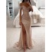 Women's Prom Dress Party Dress Sequin Dress Long Dress Maxi Dress Champagne Short Sleeve Pure Color Sequins Spring Fall Winter Off Shoulder Fashion Winter Dress Wedding Guest Evening Party 2023 S M L