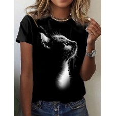 Women's T shirt Tee Animal Cat 3D Black Print Short Sleeve Daily Weekend Basic Round Neck Regular Fit