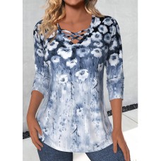 Women's T shirt Tee Floral Yellow Blue Purple Print Long Sleeve Holiday Weekend Fashion V Neck Regular Fit Spring &Fall