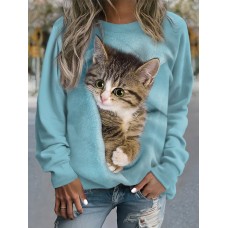 Women's Sweatshirt Pullover Cat Sports Basic Pink Blue Purple Street Casual Round Neck Long Sleeve Top Micro-elastic Fall & Winter