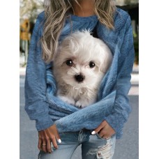 Women's Sweatshirt Pullover Dog Sportswear Funny Print Blue Casual Sports Round Neck Long Sleeve Top Micro-elastic Fall & Winter