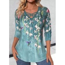 Women's T shirt Tee Floral Navy Blue Blue Purple Print Long Sleeve Casual Holiday Fashion V Neck Regular Fit Spring &Fall