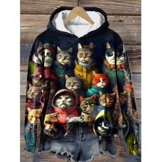 Women's Hoodie Sweatshirt Pullover Cat Active Sportswear Funny Print Black White Yellow Casual Sports Hooded Long Sleeve Top Micro-elastic Fall & Winter