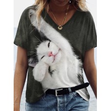 Women's T shirt Tee Cat 3D Gray Print Short Sleeve Daily Weekend Basic V Neck Regular Fit