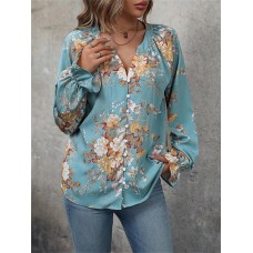 Women's Shirt Blouse Floral Blue Print Button Long Sleeve Casual Holiday Fashion V Neck Regular Fit Spring &Fall