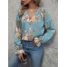 Women's Shirt Blouse Floral Blue Print Button Long Sleeve Casual Holiday Fashion V Neck Regular Fit Spring &Fall