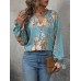 Women's Shirt Blouse Floral Blue Print Button Long Sleeve Casual Holiday Fashion V Neck Regular Fit Spring &Fall