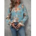 Women's Shirt Blouse Floral Blue Print Button Long Sleeve Casual Holiday Fashion V Neck Regular Fit Spring &Fall