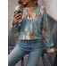 Women's Shirt Blouse Floral Blue Print Button Long Sleeve Casual Holiday Fashion V Neck Regular Fit Spring &Fall