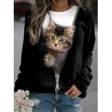 Women's Plus Size Sweatshirt Pullover Cat Sports Basic Black Pink Blue Street Casual Round Neck Long Sleeve Top Micro-elastic Fall & Winter