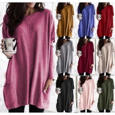 T shirt Tee Women's Wine Red Darkblue Black Solid / Plain Color Patchwork Pocket Street Daily Daily Classic Round Neck Regular Fit S