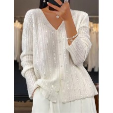 Women's Cardigan Sweater V Neck Ribbed Knit Polyester Sequins Patchwork Fall Winter Regular Party Valentine's Day Going out Elegant Stylish Soft Long Sleeve Plaid Black White Pink S M L