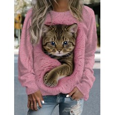 Women's Sweatshirt Pullover Cat Sportswear Funny Print Pink Blue Green Casual Sports Round Neck Long Sleeve Top Micro-elastic Fall & Winter