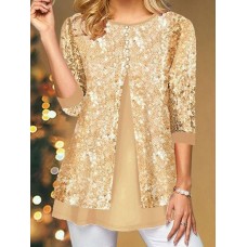 Women's BlouseShirt Velvet Sparkly Gold Sequins Long Sleeve Party Casual Festival / Holiday Round Neck Regular Fit Spring &Fall