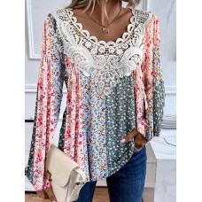 Women's Shirt Blouse Graphic Floral Pink Brown Green Print Lace Patchwork Long Sleeve Casual Fashion Round Neck Regular Fit Spring &Fall