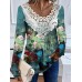 Women's Shirt Blouse Graphic Floral Pink Brown Green Print Lace Patchwork Long Sleeve Casual Fashion Round Neck Regular Fit Spring &Fall